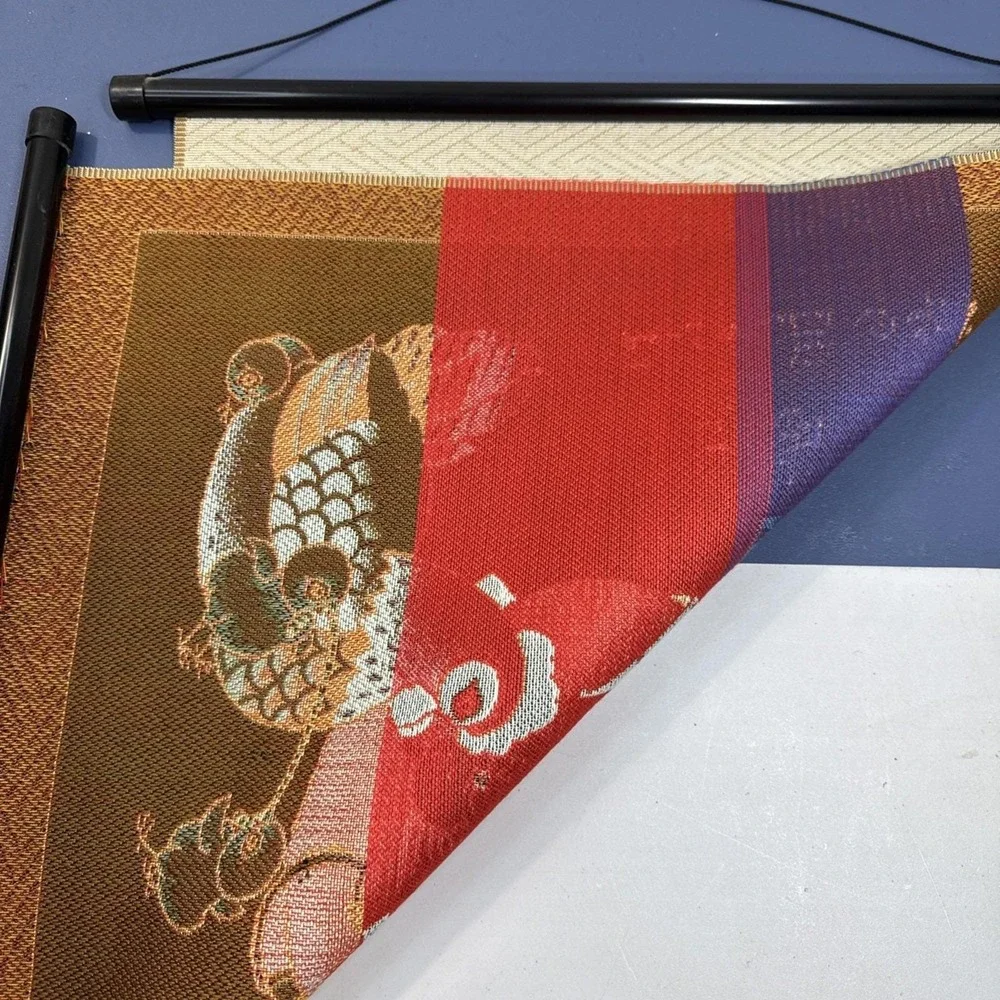 VTG Asian Japanese Fabric Tapestry Scroll Wall Hanging Child Chickens‎ Decor
